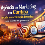 Imagem em formato 1920x1080 com skyline de Curitiba ao fundo, gráficos de crescimento ascendentes, alvo com dardo, laptop com carrinho de compras na tela, lupa, moedas e megafone, representando estratégias de marketing digital e aceleração de vendas. Texto em destaque aborda como escolher uma agência de marketing em Curitiba focada em crescimento comercial.