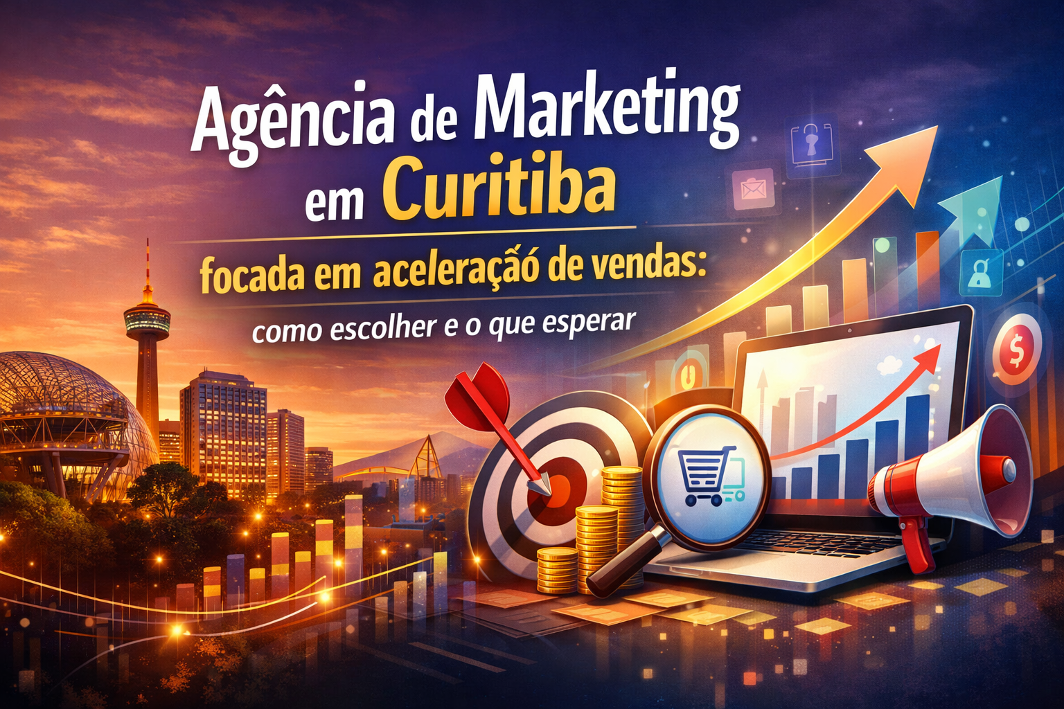 Imagem em formato 1920x1080 com skyline de Curitiba ao fundo, gráficos de crescimento ascendentes, alvo com dardo, laptop com carrinho de compras na tela, lupa, moedas e megafone, representando estratégias de marketing digital e aceleração de vendas. Texto em destaque aborda como escolher uma agência de marketing em Curitiba focada em crescimento comercial.