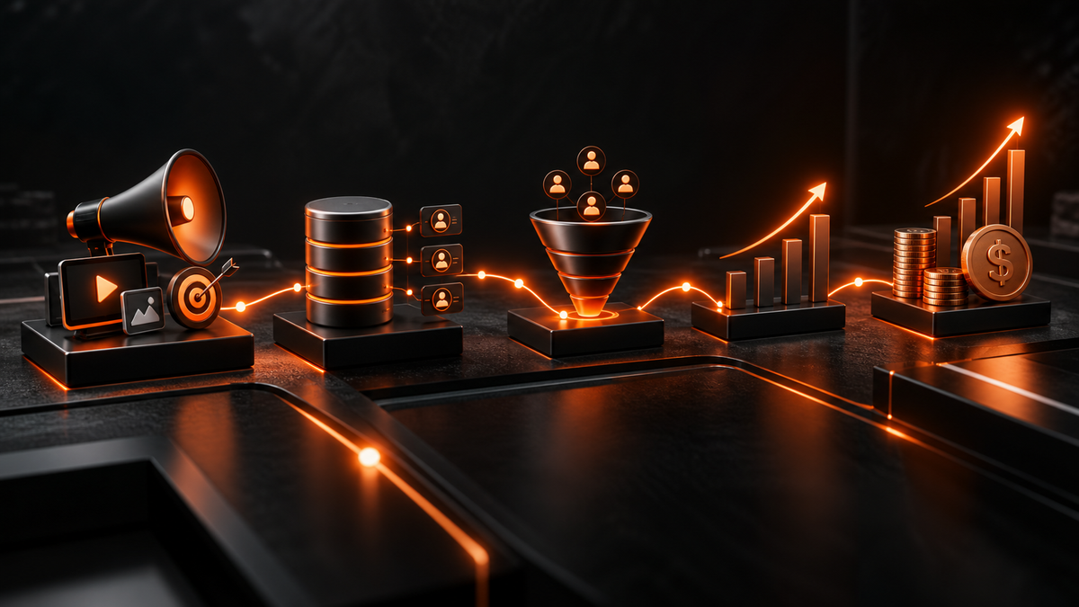 Painel de mensuração conectando mídia, CRM, receita e retorno sobre investimento