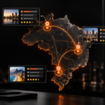 Mapa do Brasil com unidades conectadas e indicadores de SEO local
