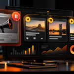 Painel de anúncios com uma campanha pausada e canais de conteúdo ativos em tons de preto, laranja e amarelo.