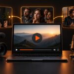 Câmera, microfone e vídeo conectando explicação, audiência e conversa comercial